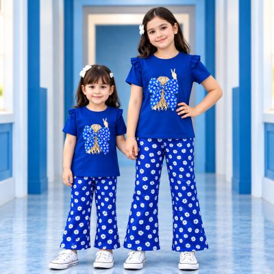 Cute Royal Blue Two-Piece Set for Girls with Floral Bow and All-Over Daisy Print (Flutter Sleeve Top & Daisy Printed Pants Set)
